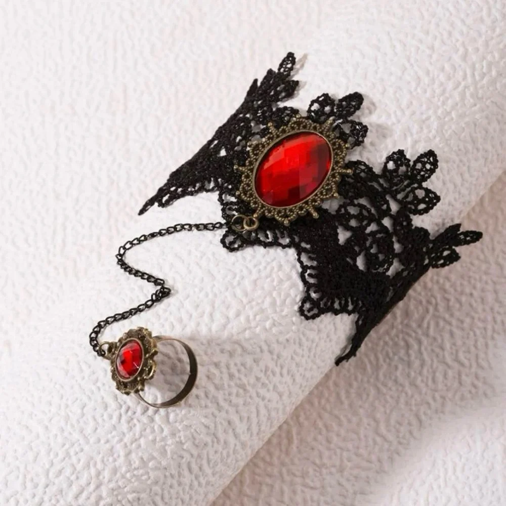 Blood Red Stone Lace Mittens  Bracelet With Ring Link Goth Core Grunge Core